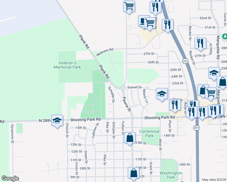 map of restaurants, bars, coffee shops, grocery stores, and more near 2209 Schuyler Drive in Peru