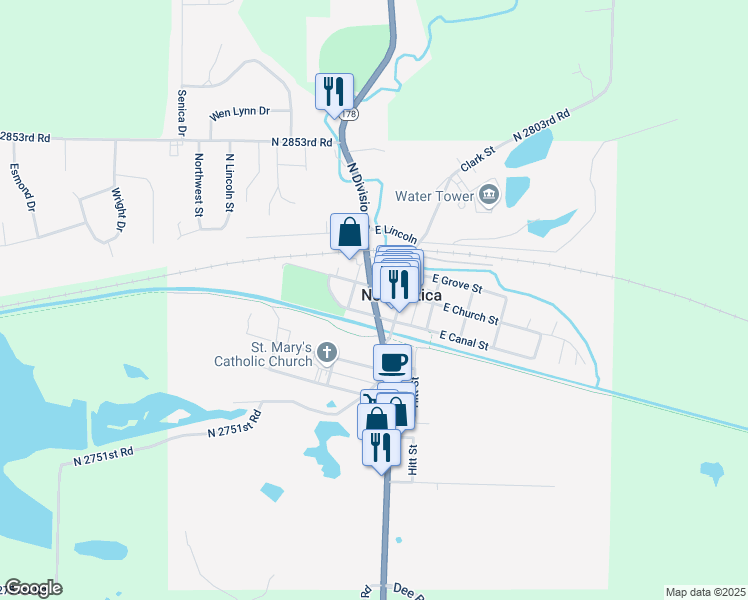 map of restaurants, bars, coffee shops, grocery stores, and more near Illinois 178 in North Utica