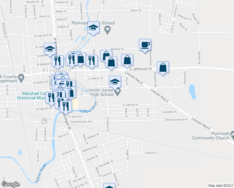 map of restaurants, bars, coffee shops, grocery stores, and more near 627 Gibson Street in Plymouth