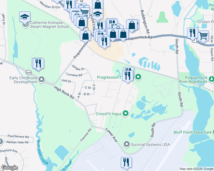 map of restaurants, bars, coffee shops, grocery stores, and more near 176 F Street in Groton