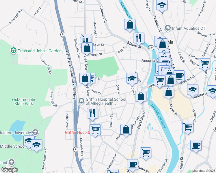 map of restaurants, bars, coffee shops, grocery stores, and more near 2 Avon Street in Ansonia