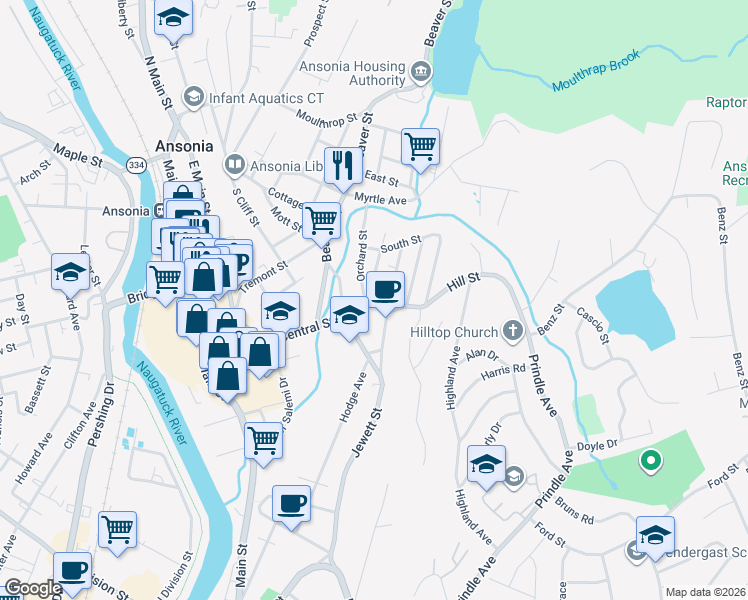 map of restaurants, bars, coffee shops, grocery stores, and more near 6 Hill Street in Ansonia