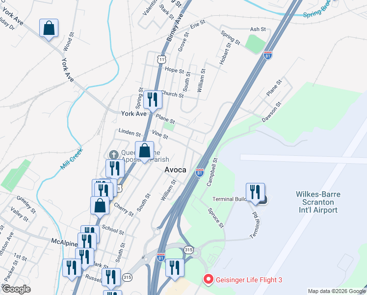 map of restaurants, bars, coffee shops, grocery stores, and more near 1002 William Street in Avoca