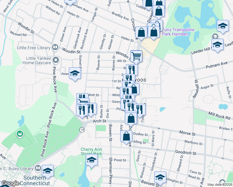 map of restaurants, bars, coffee shops, grocery stores, and more near 68 North Street in Hamden