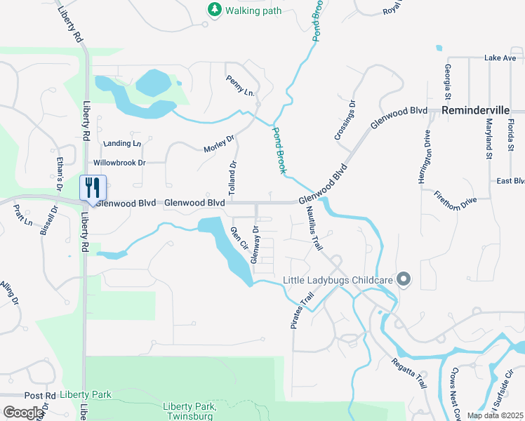 map of restaurants, bars, coffee shops, grocery stores, and more near 10391 Glenway Drive in Twinsburg
