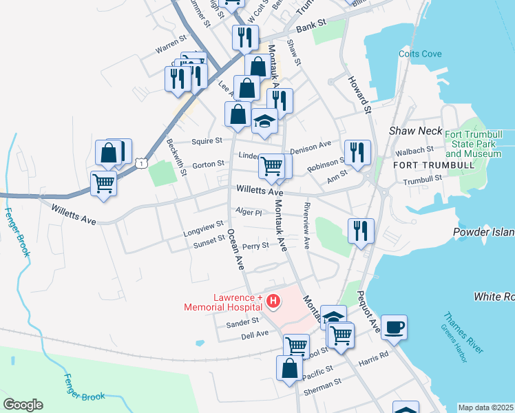 map of restaurants, bars, coffee shops, grocery stores, and more near 27 Alger Place in New London