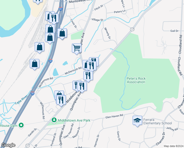 map of restaurants, bars, coffee shops, grocery stores, and more near 126 Middletown Ave in North Haven
