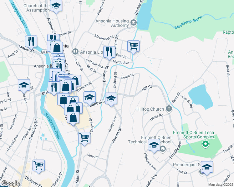 map of restaurants, bars, coffee shops, grocery stores, and more near Hill Street & Orchard Street in Ansonia