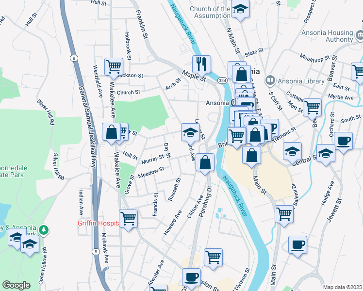 map of restaurants, bars, coffee shops, grocery stores, and more near 115 Howard Avenue in Ansonia
