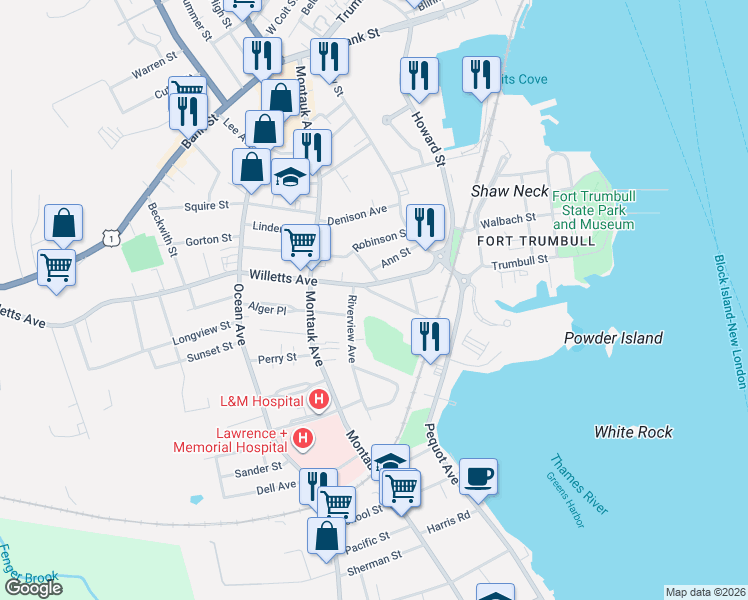 map of restaurants, bars, coffee shops, grocery stores, and more near 69 Maple Avenue in New London