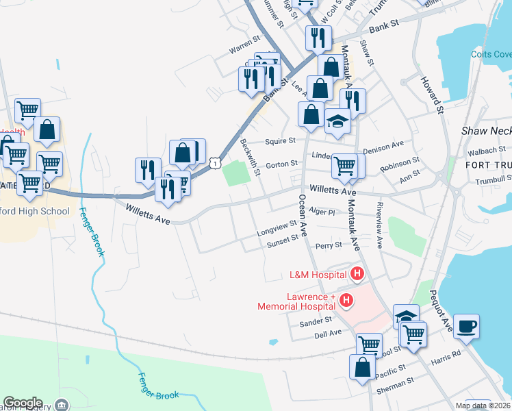map of restaurants, bars, coffee shops, grocery stores, and more near 268 Willetts Avenue in Waterford