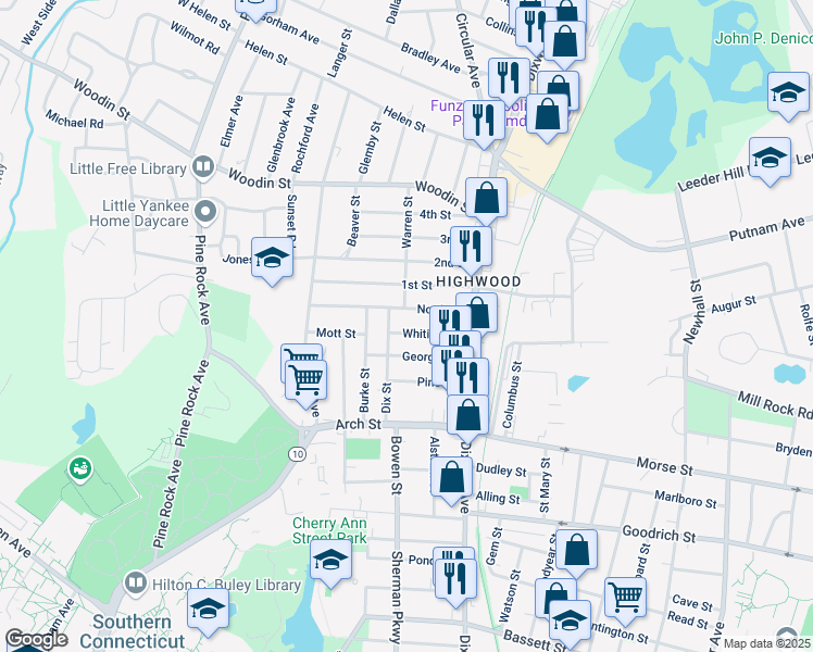 map of restaurants, bars, coffee shops, grocery stores, and more near 68 North Street in Hamden