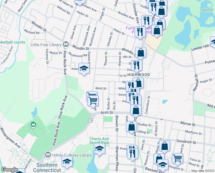 map of restaurants, bars, coffee shops, grocery stores, and more near 109 Burke Street in Hamden