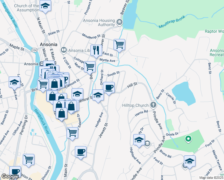 map of restaurants, bars, coffee shops, grocery stores, and more near 9 Hillside Avenue in Ansonia