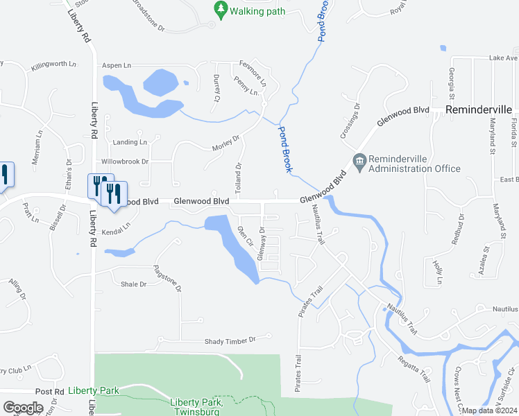 map of restaurants, bars, coffee shops, grocery stores, and more near 10391 Glenway Drive in Twinsburg