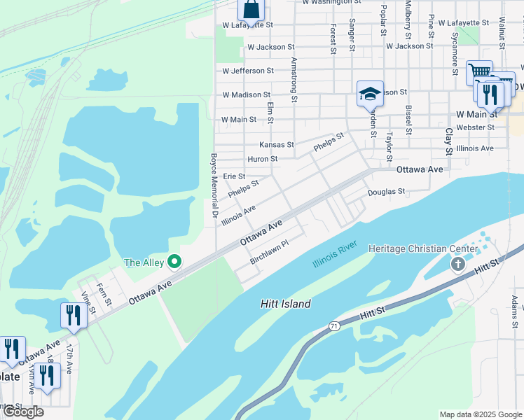 map of restaurants, bars, coffee shops, grocery stores, and more near 1415 Illinois Avenue in Ottawa