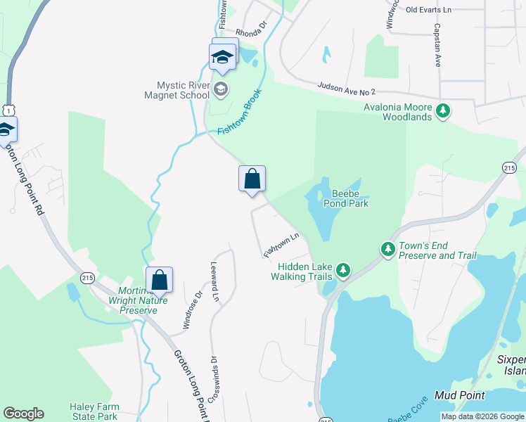 map of restaurants, bars, coffee shops, grocery stores, and more near 415 Fishtown Road in Groton