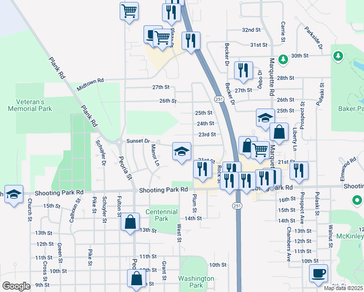 map of restaurants, bars, coffee shops, grocery stores, and more near 1433 Sunset Drive in Peru