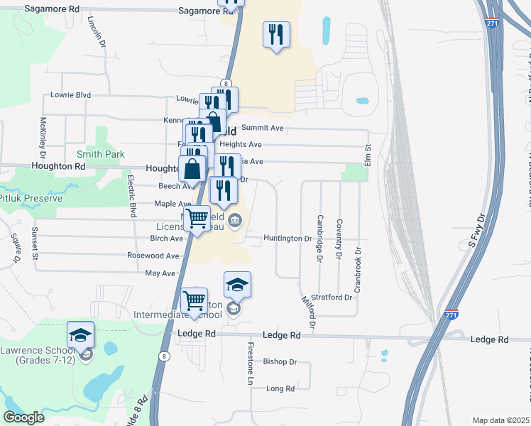 map of restaurants, bars, coffee shops, grocery stores, and more near 9100 North Plaza Drive in Northfield
