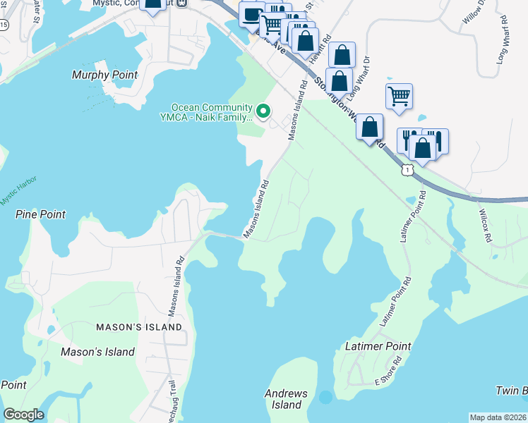 map of restaurants, bars, coffee shops, grocery stores, and more near 95 Masons Island Road in Stonington