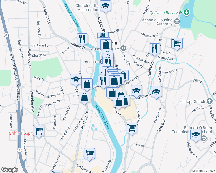 map of restaurants, bars, coffee shops, grocery stores, and more near 20 West Main Street in Ansonia