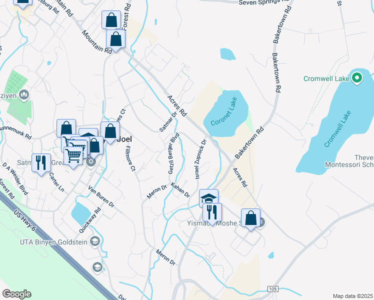 map of restaurants, bars, coffee shops, grocery stores, and more near 6 Kerestier Court in Kiryas Joel