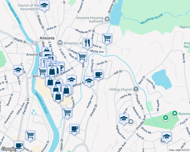 map of restaurants, bars, coffee shops, grocery stores, and more near 3 Hill Street in Ansonia