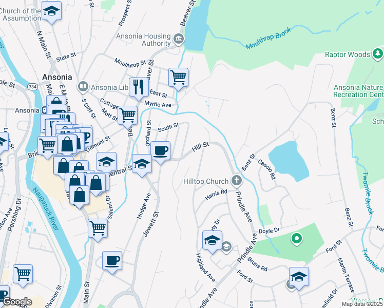 map of restaurants, bars, coffee shops, grocery stores, and more near 80 Hill Street in Ansonia