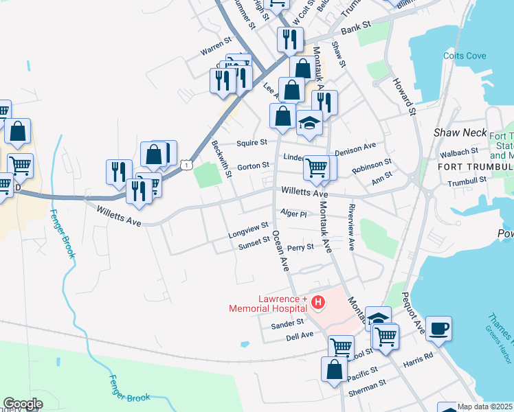 map of restaurants, bars, coffee shops, grocery stores, and more near 23 Mahan Street in New London
