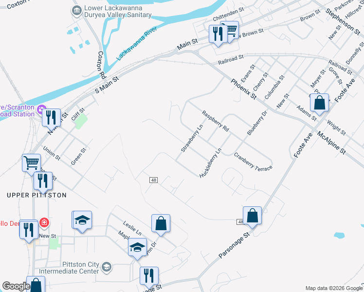 map of restaurants, bars, coffee shops, grocery stores, and more near 201 Kimberly Drive in Duryea