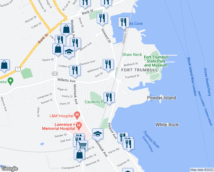 map of restaurants, bars, coffee shops, grocery stores, and more near 6 Cliff Street in New London