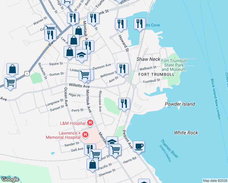 map of restaurants, bars, coffee shops, grocery stores, and more near 69 Maple Avenue in New London