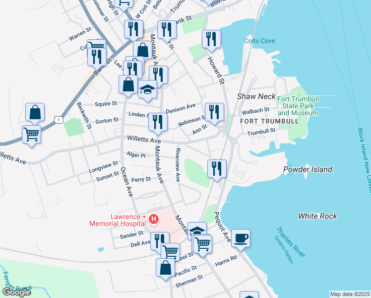 map of restaurants, bars, coffee shops, grocery stores, and more near 100 Willetts Avenue in New London