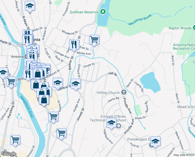 map of restaurants, bars, coffee shops, grocery stores, and more near 80 Hill Street in Ansonia