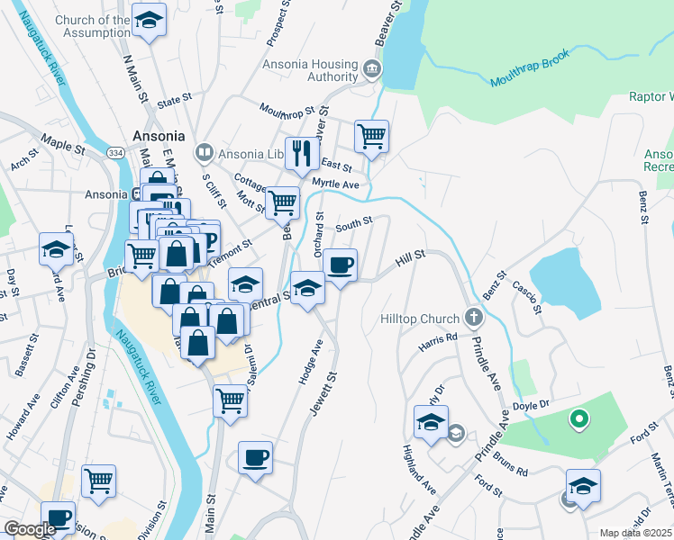 map of restaurants, bars, coffee shops, grocery stores, and more near 3 Hill Street in Ansonia