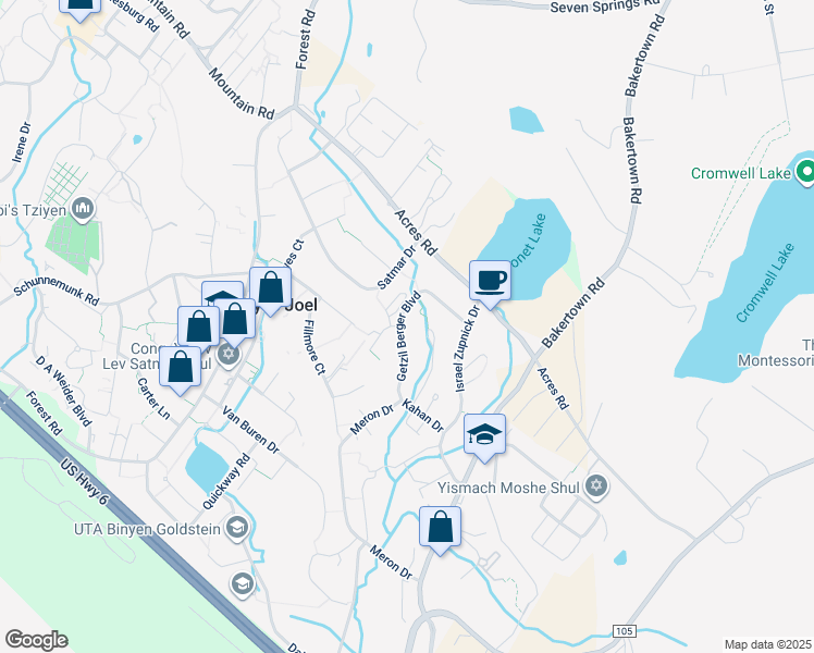 map of restaurants, bars, coffee shops, grocery stores, and more near 19 Getzil Berger Boulevard in Kiryas Joel