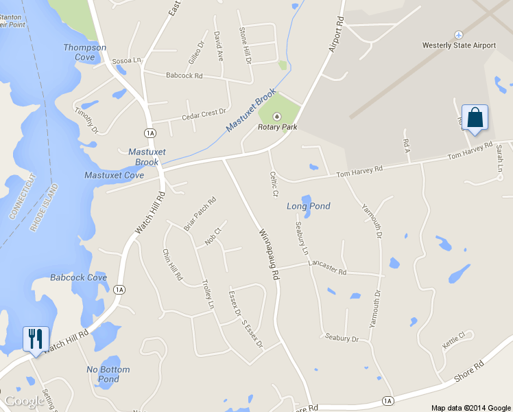 map of restaurants, bars, coffee shops, grocery stores, and more near 177 Winnapaug Rd in Westerly