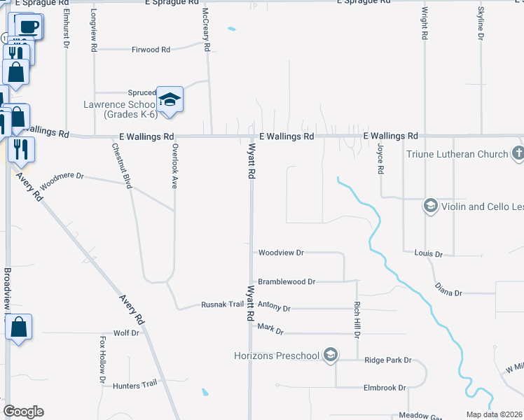 map of restaurants, bars, coffee shops, grocery stores, and more near 8223 Wyatt Road in Broadview Heights