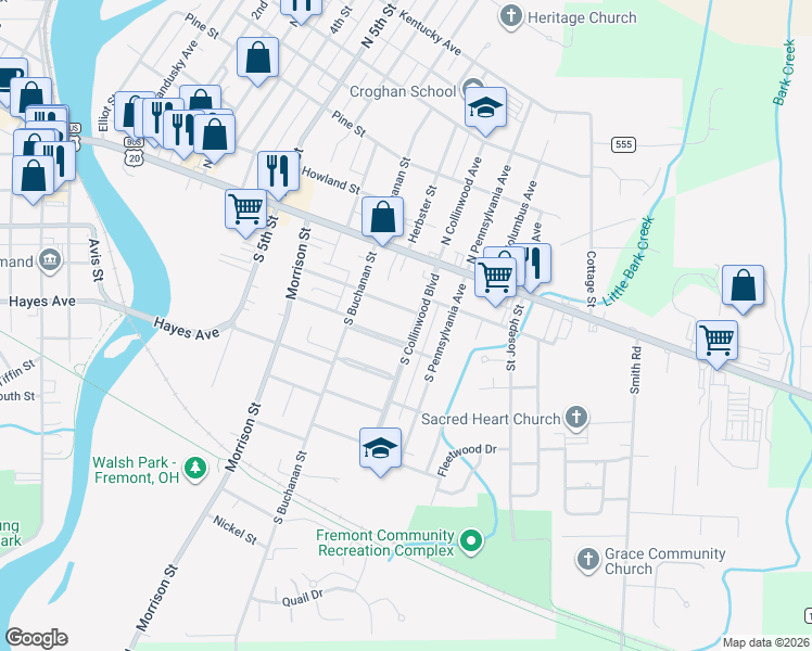 map of restaurants, bars, coffee shops, grocery stores, and more near 215 South Collinwood Boulevard in Fremont