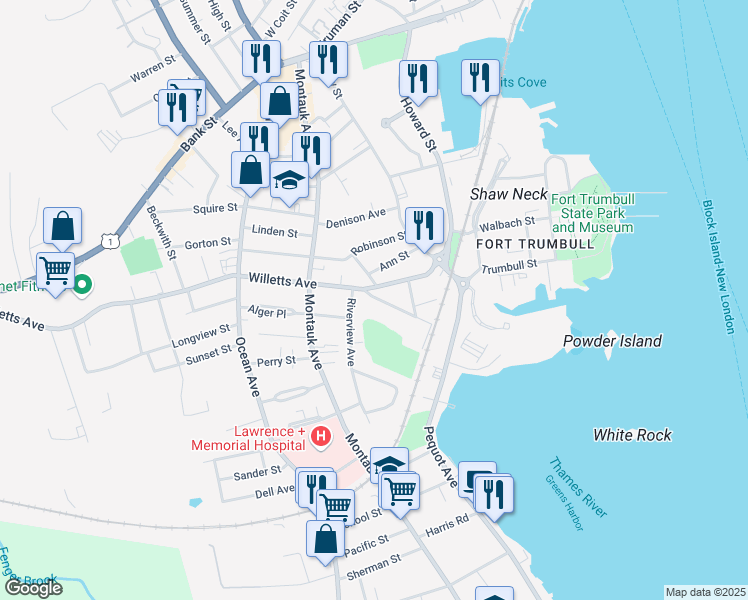 map of restaurants, bars, coffee shops, grocery stores, and more near 80 Maple Avenue in New London