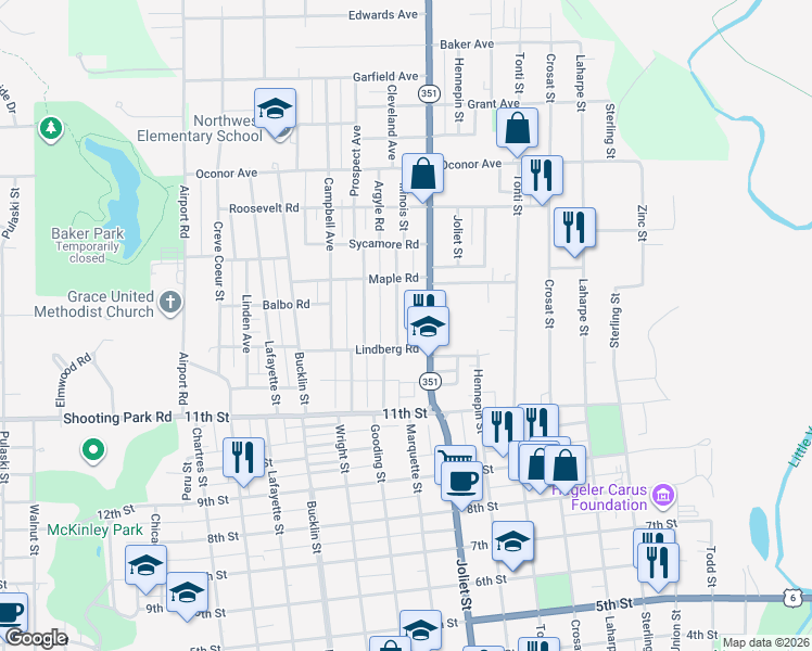 map of restaurants, bars, coffee shops, grocery stores, and more near 1322 Illinois Street in LaSalle