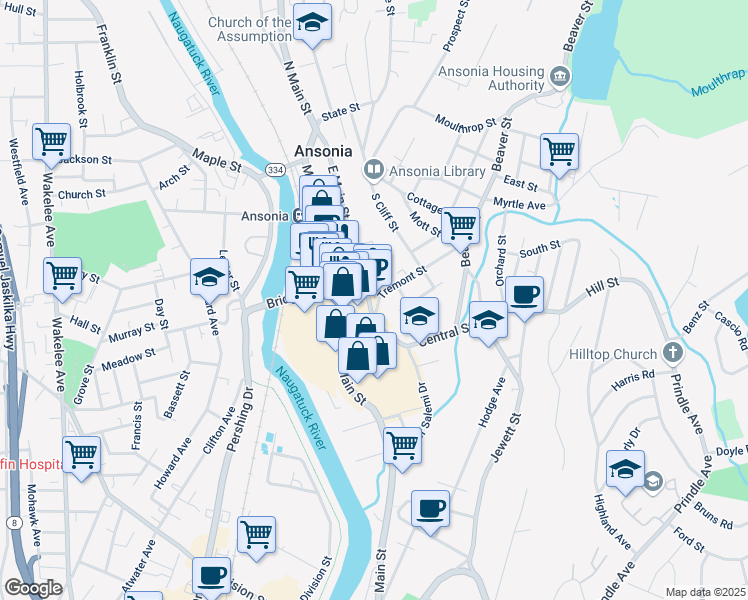 map of restaurants, bars, coffee shops, grocery stores, and more near 319-421 East Main Street in Ansonia