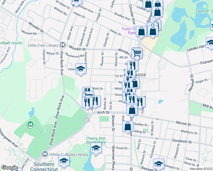 map of restaurants, bars, coffee shops, grocery stores, and more near 109 Burke Street in Hamden