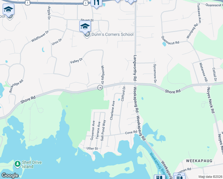 map of restaurants, bars, coffee shops, grocery stores, and more near 293B Shore Rd in Westerly