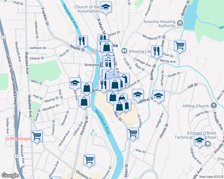 map of restaurants, bars, coffee shops, grocery stores, and more near 300 Main Street in Ansonia