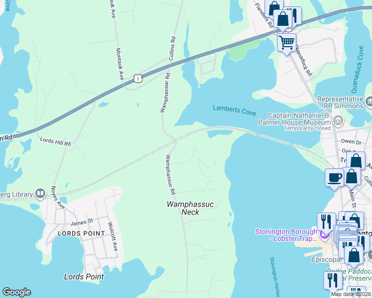 map of restaurants, bars, coffee shops, grocery stores, and more near 6 East Neck Road in Stonington