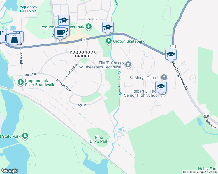 map of restaurants, bars, coffee shops, grocery stores, and more near 17 Elizabeth Court in Groton