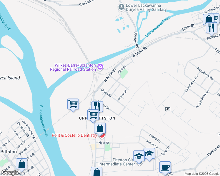 map of restaurants, bars, coffee shops, grocery stores, and more near 66 Cliff Street in Pittston