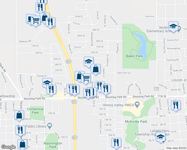 map of restaurants, bars, coffee shops, grocery stores, and more near 2209 Marquette Road in Peru