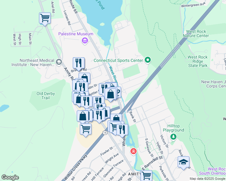 map of restaurants, bars, coffee shops, grocery stores, and more near 1676 Litchfield Turnpike in Woodbridge